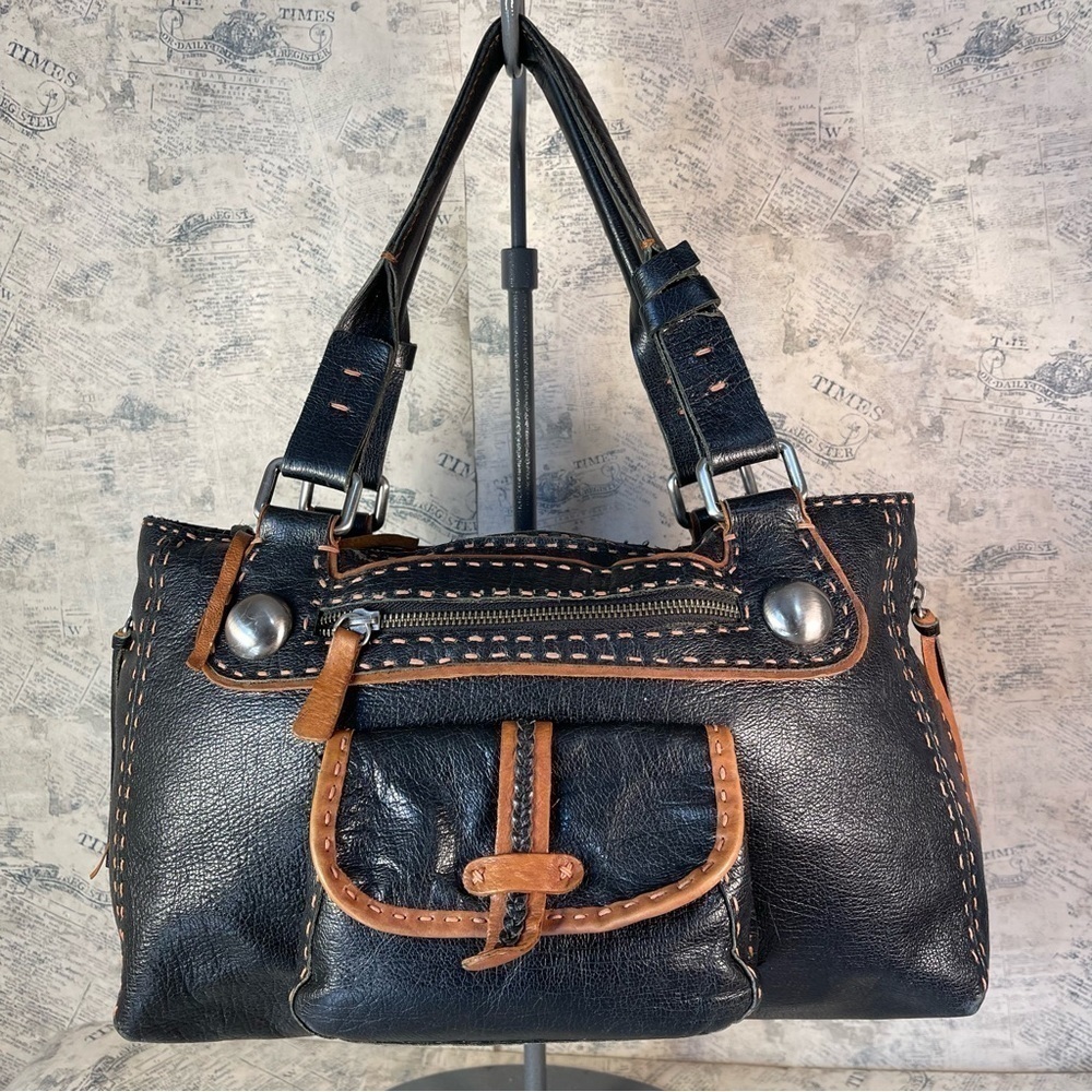 Women's Black Leather Shoulder Bag with Brown Trim